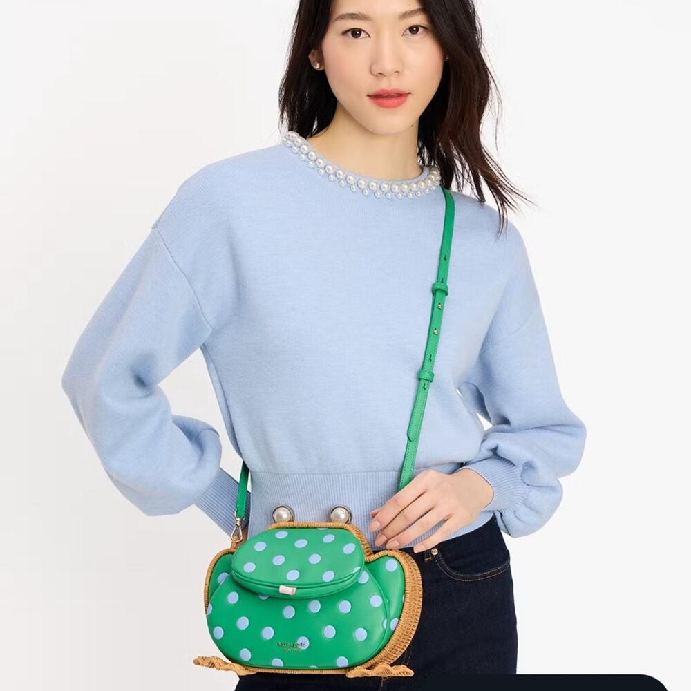 NWT Kate Spade Lily Polka Dot Wicker 3D Frog Crossbody/Green/Wicker-Leather - Picture 8 of 12